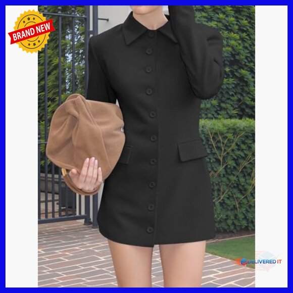 Long Sleeve Lapel Blazer Mini Dress with Pockets, Fitted Business Formal - Picture 5 of 6
